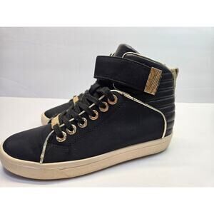 ALDO Black High top side zip Textured GOLD Metal Hardware Strap Sneakers SZ 6.5